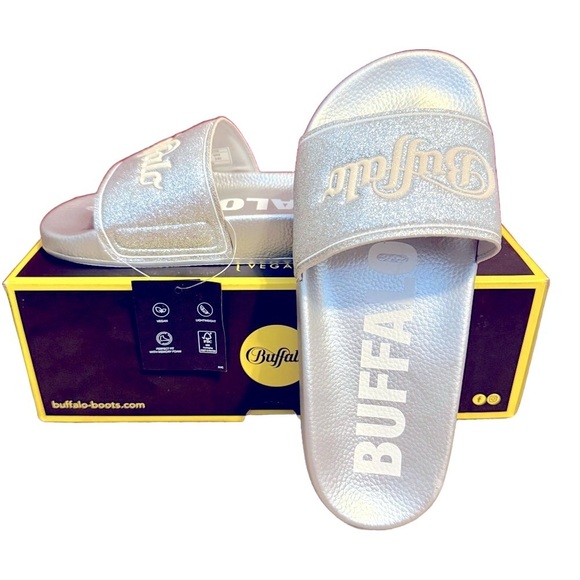 Dolls Kill Shoes - Buffalo London Silver Glitter Rio Slides Metallic Logo Strap Sandals 38 / 7.5